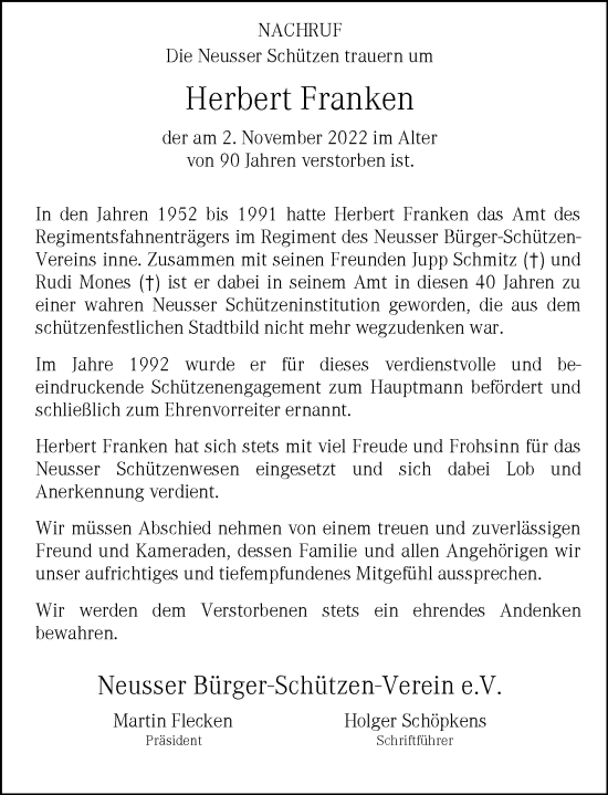 Traueranzeige von Herbert Franken von Rheinische Post