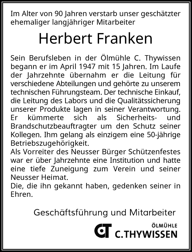  Traueranzeige für Herbert Franken vom 10.11.2022 aus Rheinische Post
