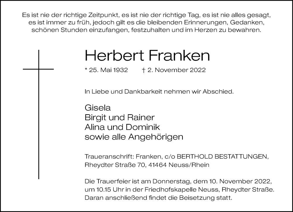  Traueranzeige für Herbert Franken vom 05.11.2022 aus Rheinische Post