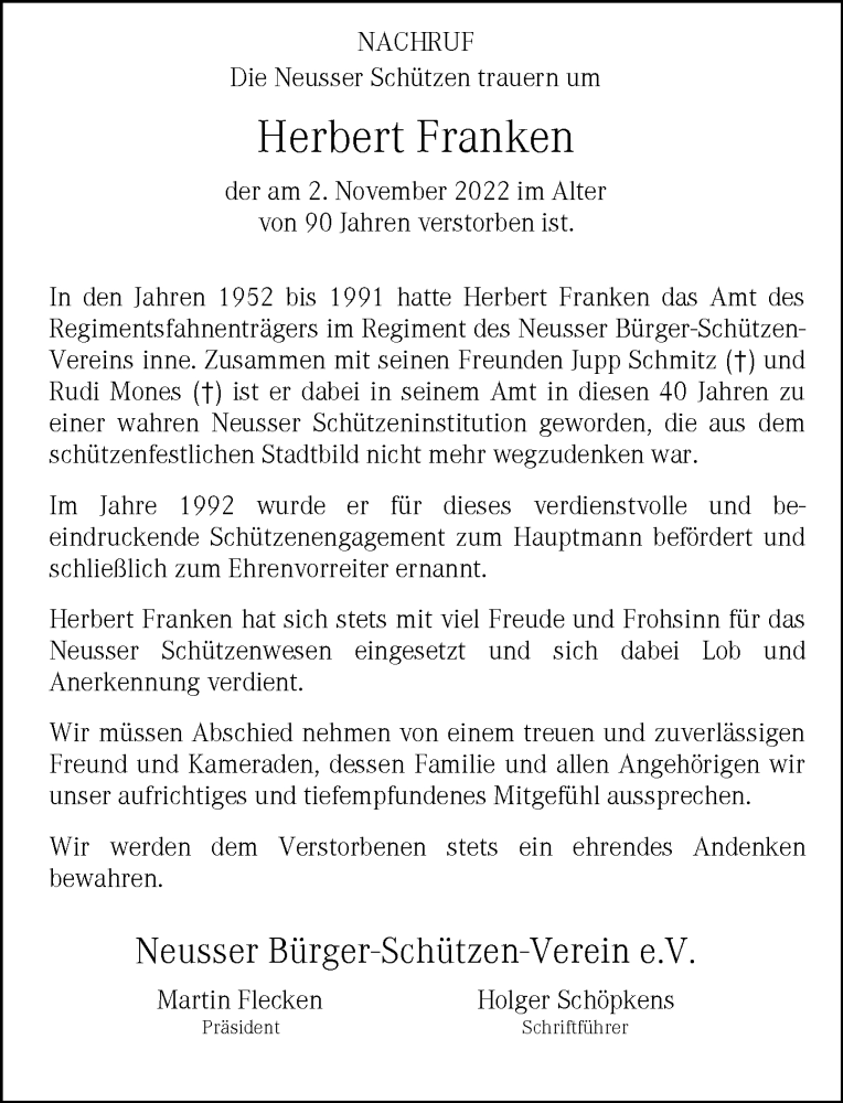  Traueranzeige für Herbert Franken vom 12.11.2022 aus Rheinische Post