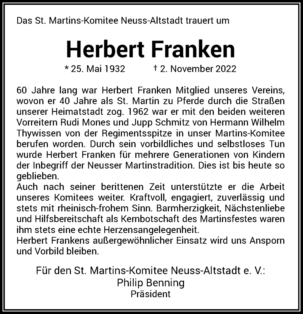  Traueranzeige für Herbert Franken vom 05.11.2022 aus Rheinische Post