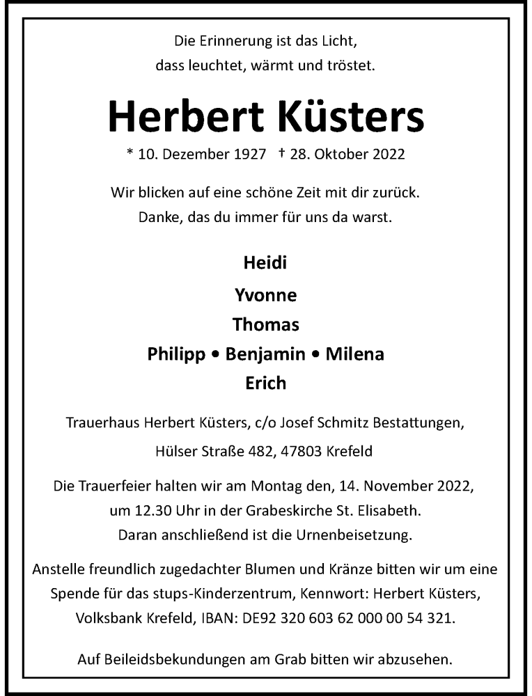  Traueranzeige für Herbert Küsters vom 05.11.2022 aus Rheinische Post