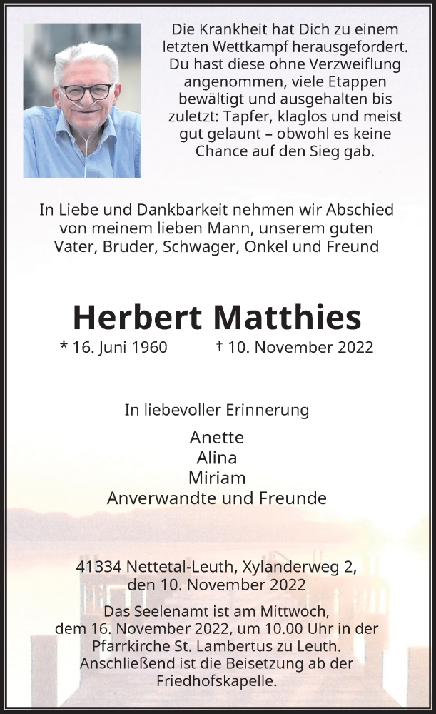  Traueranzeige für Herbert Matthies vom 12.11.2022 aus Rheinische Post