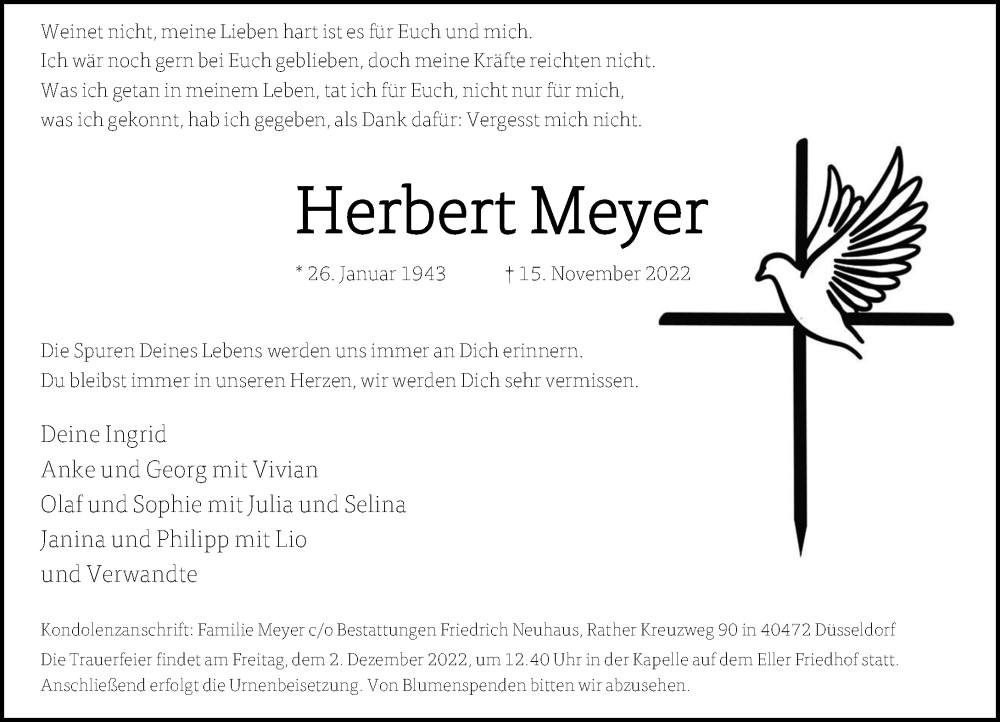  Traueranzeige für Herbert Meyer vom 26.11.2022 aus Rheinische Post