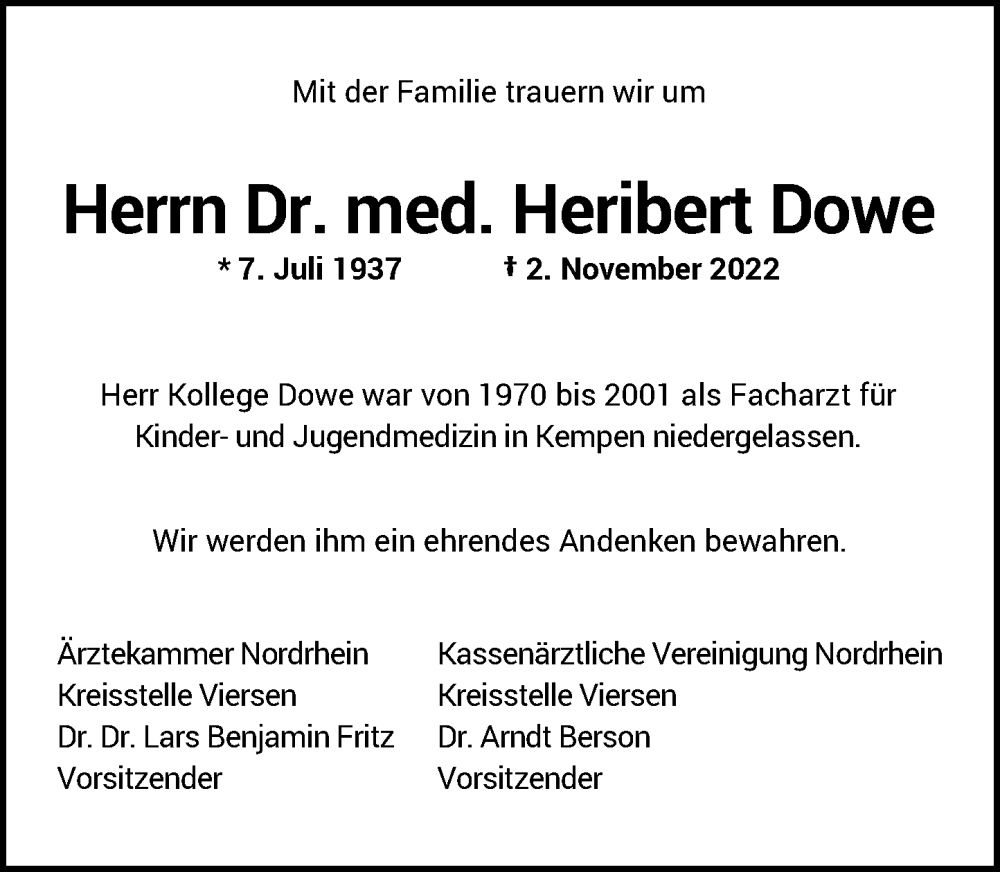 Traueranzeige für Heribert Dowe vom 19.11.2022 aus Rheinische Post