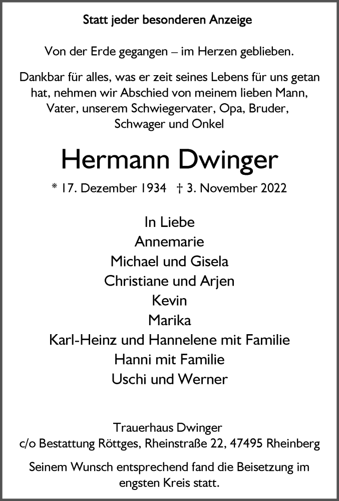  Traueranzeige für Hermann Dwinger vom 23.11.2022 aus Rheinische Post