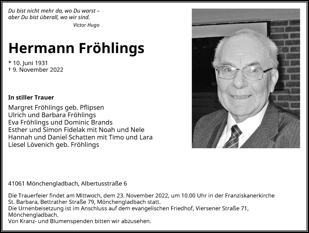  Traueranzeige für Hermann Fröhlings vom 19.11.2022 aus Rheinische Post