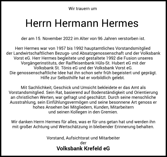 Traueranzeige von Hermann Hermes von Rheinische Post