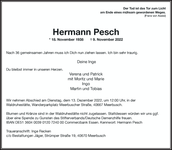 Traueranzeige von Hermann Pesch von Rheinische Post