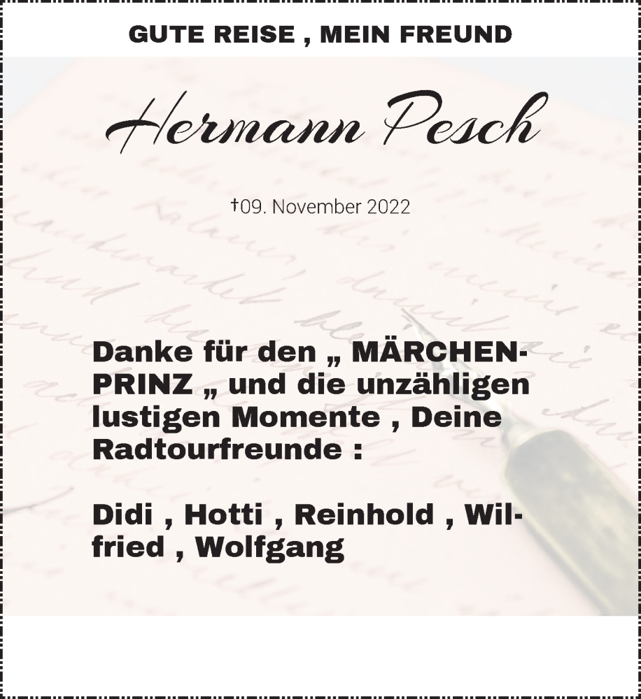  Traueranzeige für Hermann Pesch vom 10.12.2022 aus Rheinische Post