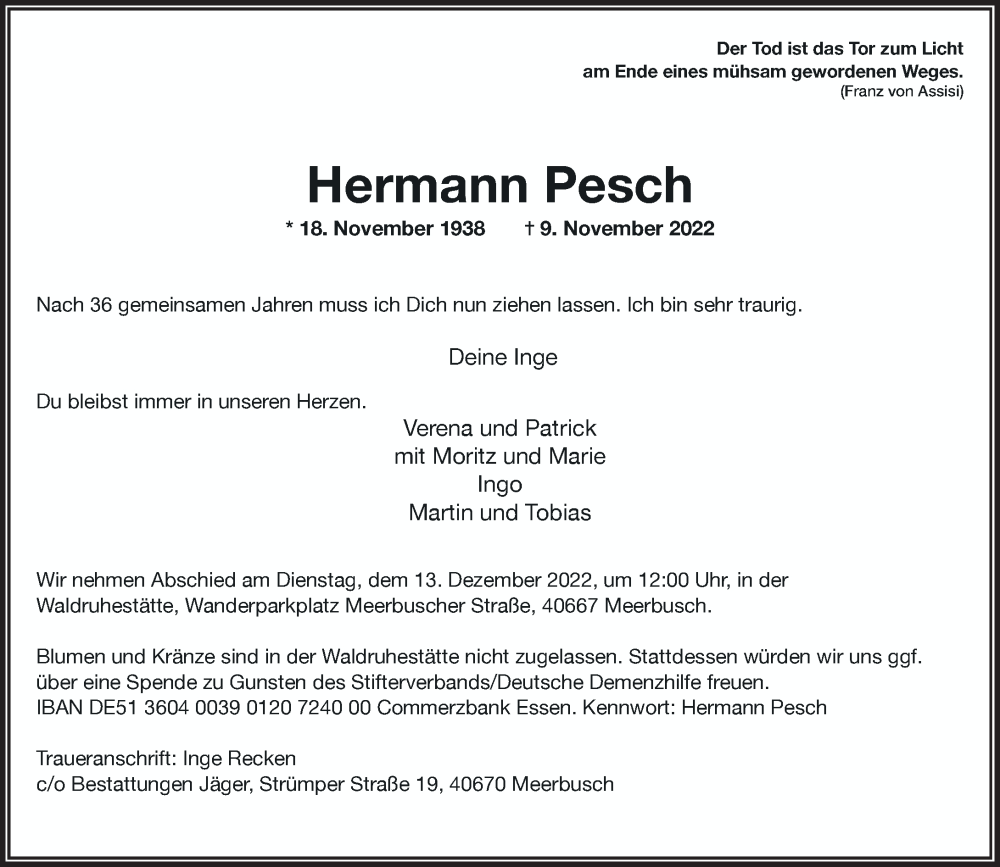  Traueranzeige für Hermann Pesch vom 26.11.2022 aus Rheinische Post