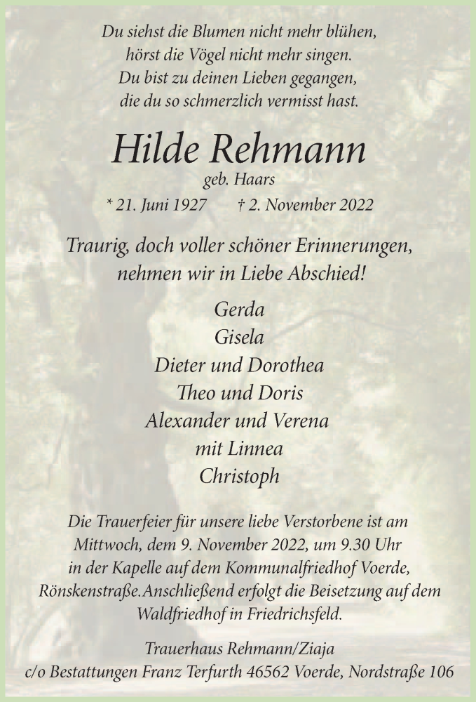  Traueranzeige für Hilde Rehmann vom 08.11.2022 aus Rheinische Post