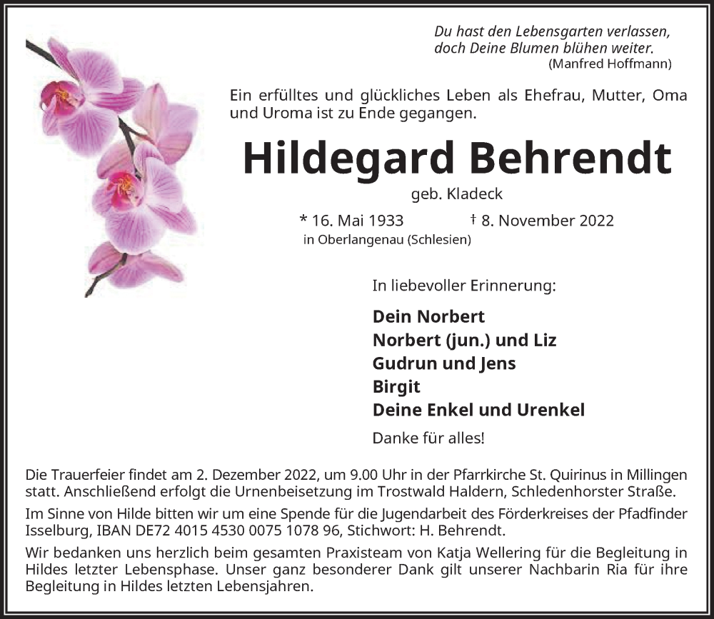  Traueranzeige für Hildegard Behrendt vom 19.11.2022 aus Rheinische Post