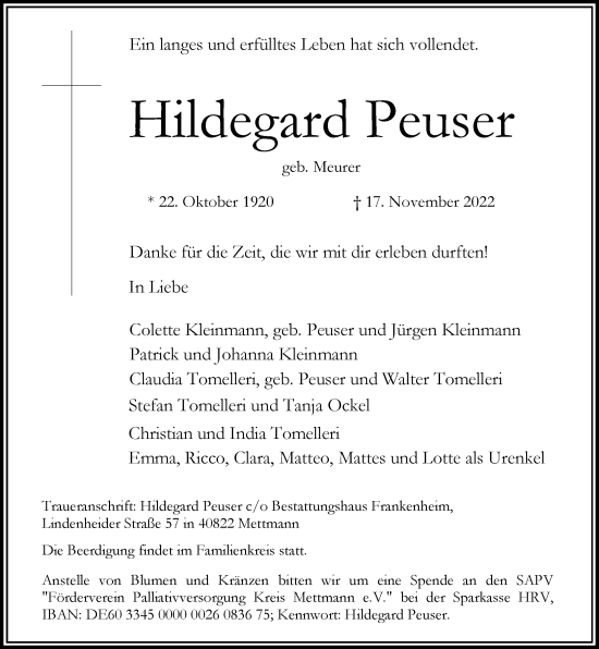 Traueranzeige von Hildegard Peuser von Rheinische Post