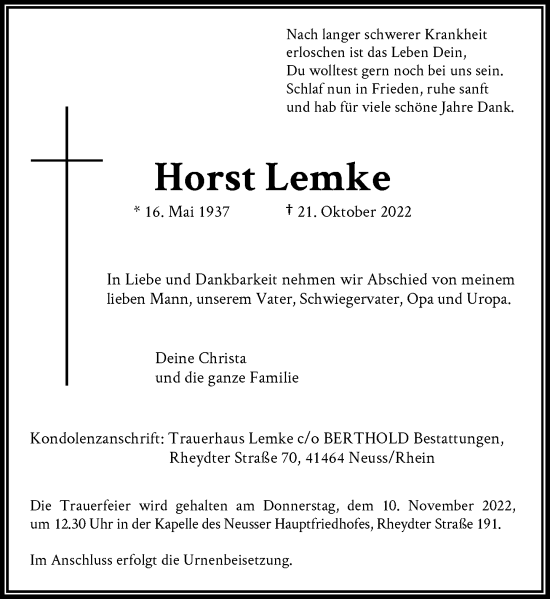 Traueranzeige von Horst Lemke von Rheinische Post