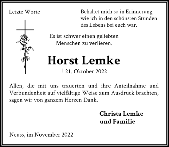 Traueranzeige von Horst Lemke von Rheinische Post