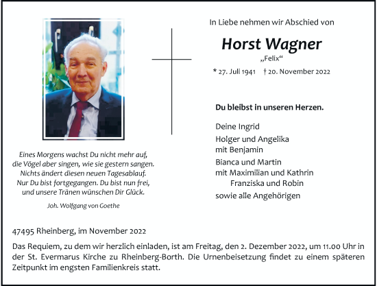 Traueranzeige von Horst Wagner von Rheinische Post
