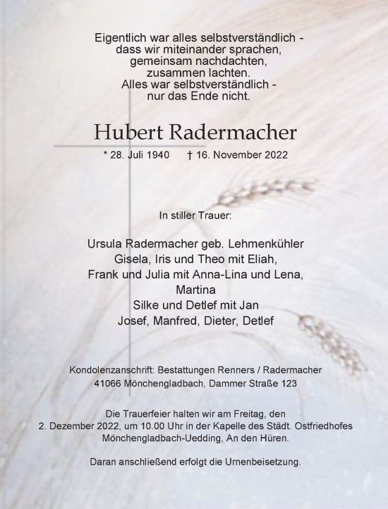 Traueranzeige von Hubert Radermacher von Rheinische Post