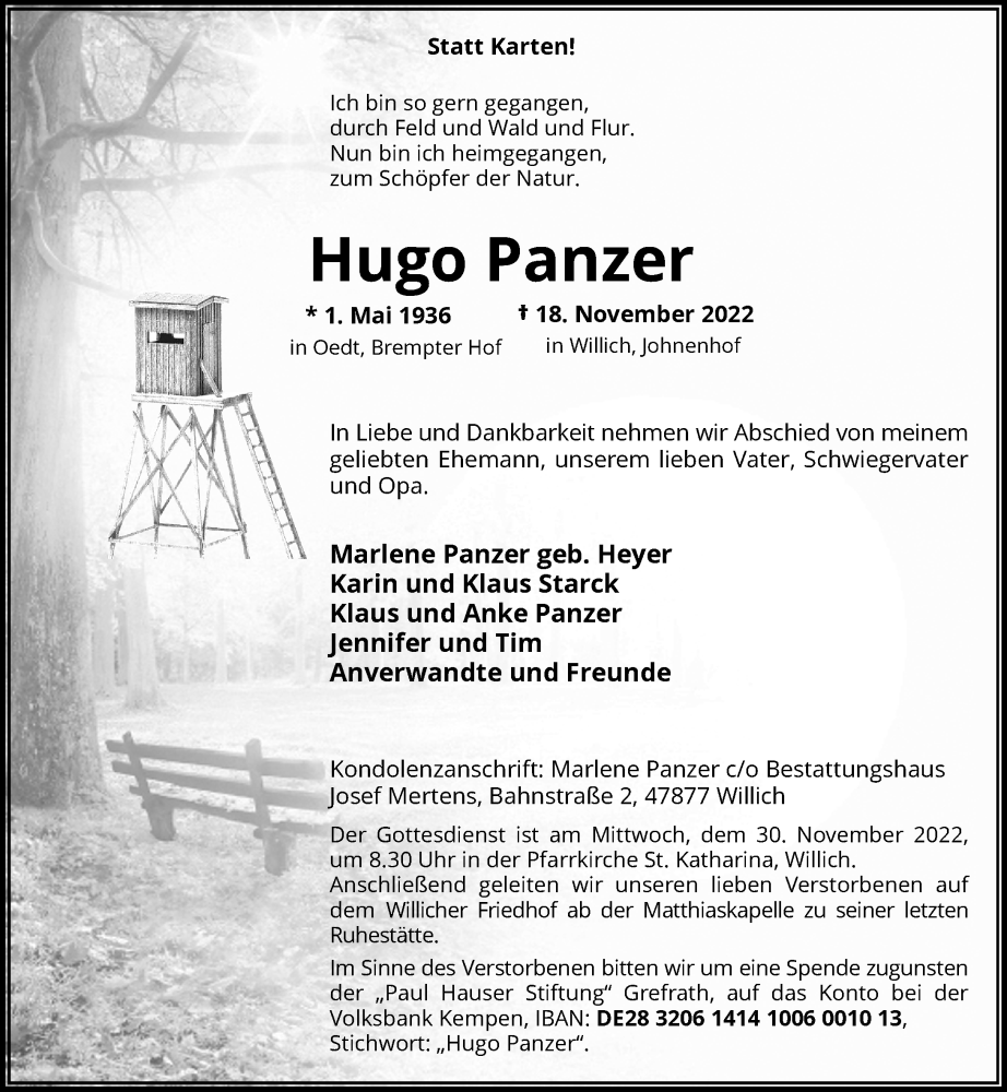  Traueranzeige für Hugo Panzer vom 26.11.2022 aus Rheinische Post