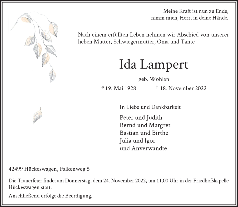  Traueranzeige für Ida Lampert vom 22.11.2022 aus Rheinische Post