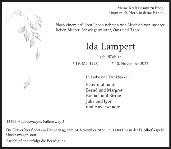 Traueranzeige von Ida Lampert von Rheinische Post