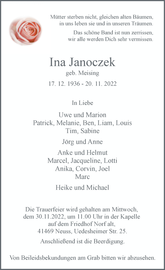 Traueranzeige von Ina Janoczek von Rheinische Post