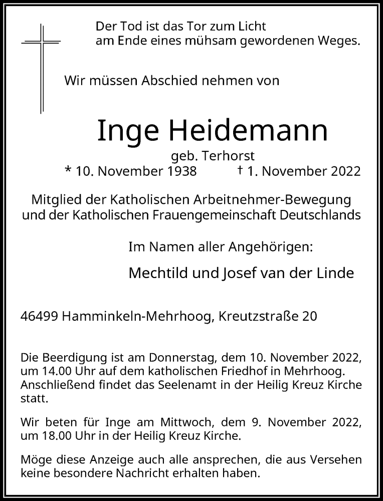  Traueranzeige für Inge Heidemann vom 05.11.2022 aus Rheinische Post