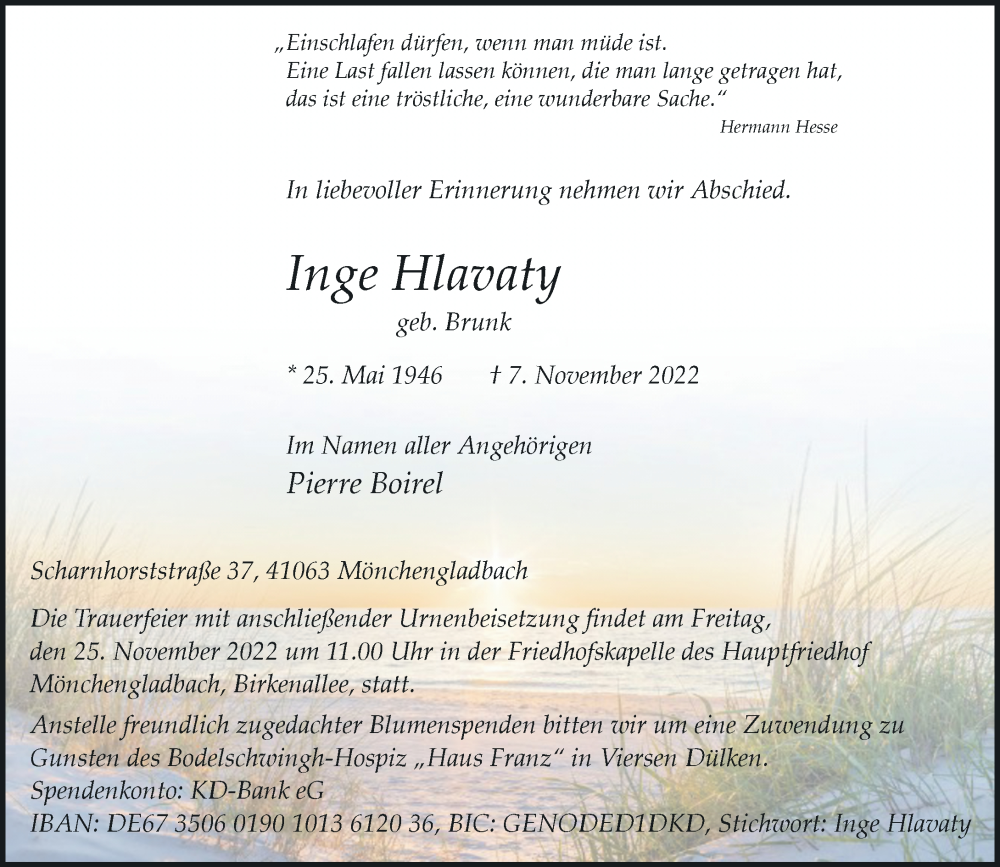  Traueranzeige für Inge Hlavaty vom 19.11.2022 aus Rheinische Post