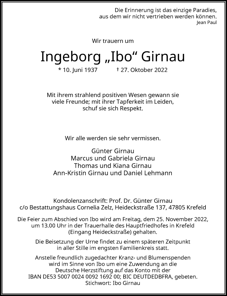  Traueranzeige für Ingeborg  Girnau vom 05.11.2022 aus Rheinische Post
