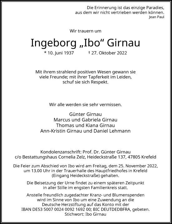 Traueranzeige von Ingeborg  Girnau von Rheinische Post