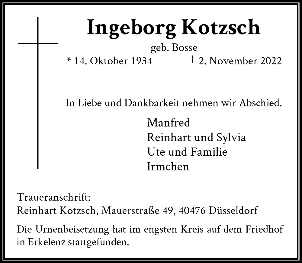  Traueranzeige für Ingeborg Kotzsch vom 26.11.2022 aus Rheinische Post