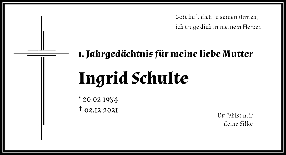  Traueranzeige für Ingrid Schulte vom 03.12.2022 aus Rheinische Post