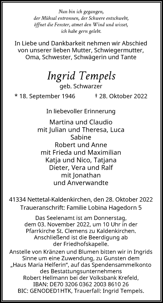 Traueranzeige von Ingrid Tempels von Rheinische Post