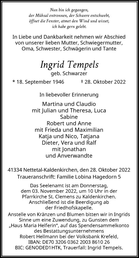  Traueranzeige für Ingrid Tempels vom 01.11.2022 aus Rheinische Post