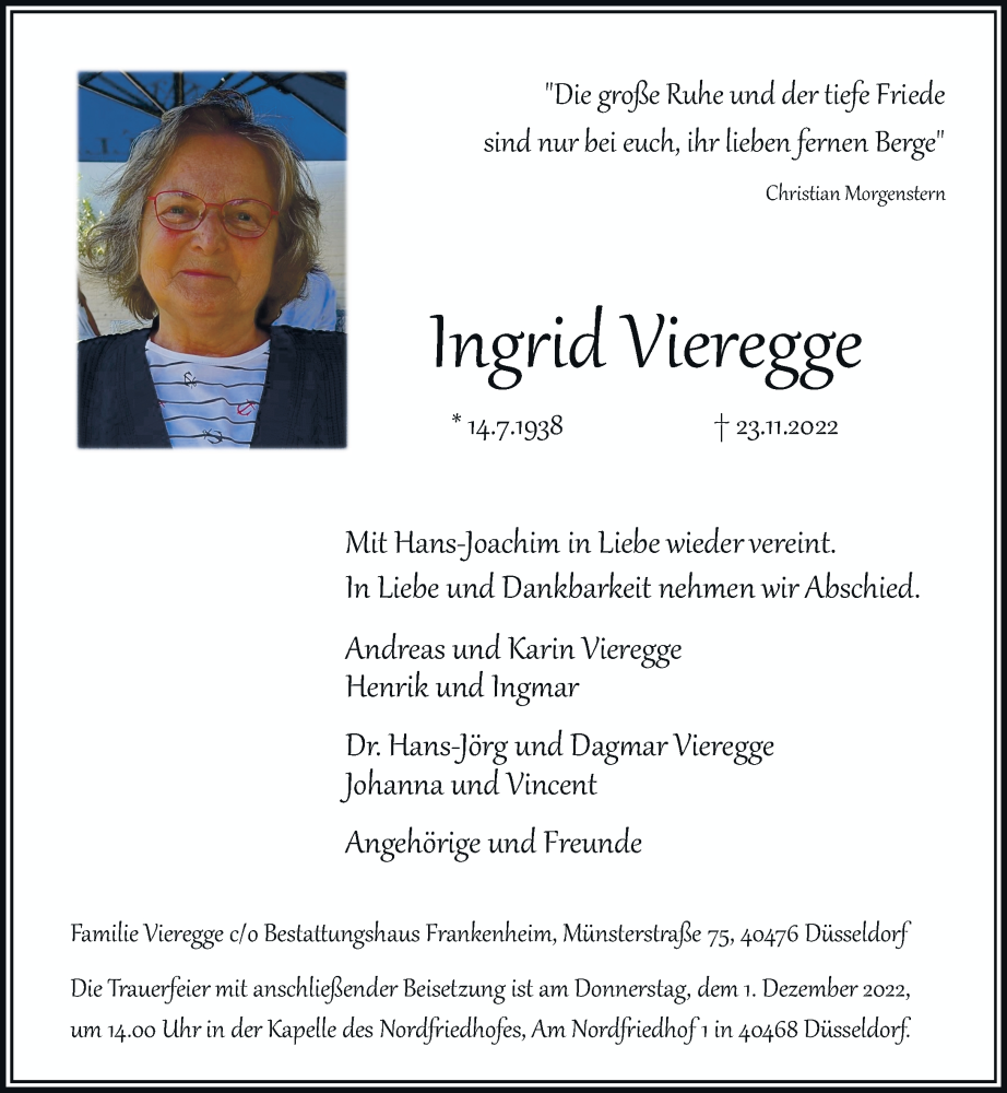  Traueranzeige für Ingrid Vieregge vom 26.11.2022 aus Rheinische Post