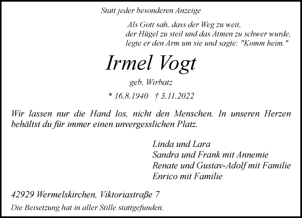  Traueranzeige für Irmel Vogt vom 15.11.2022 aus Rheinische Post