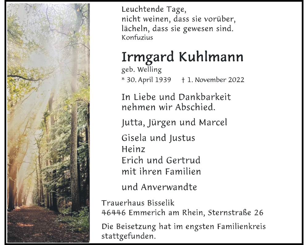  Traueranzeige für Irmgard Kuhlmann vom 19.11.2022 aus Rheinische Post