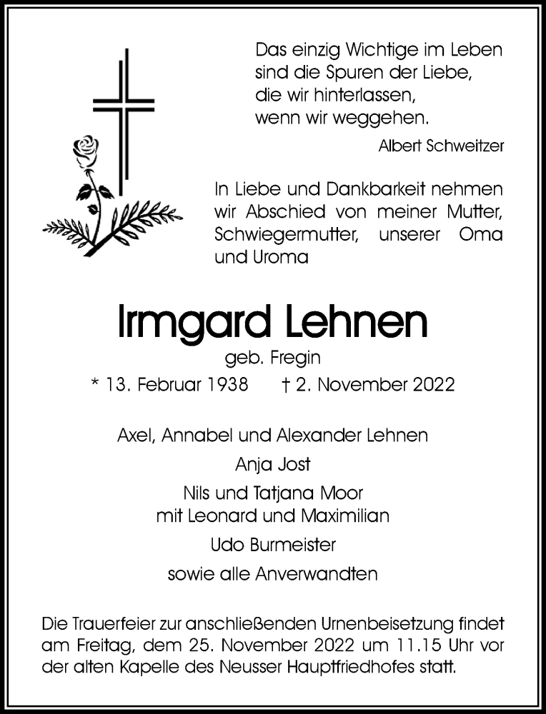  Traueranzeige für Irmgard Lehnen vom 19.11.2022 aus Rheinische Post