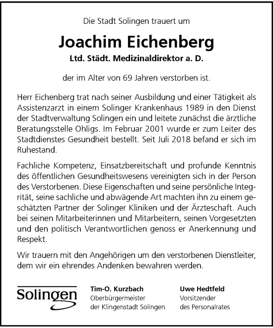 Traueranzeige von Joachim Eichenberg von Rheinische Post