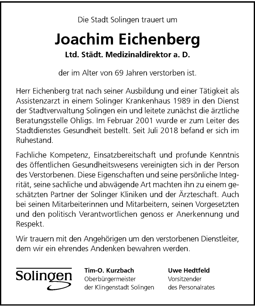  Traueranzeige für Joachim Eichenberg vom 26.11.2022 aus Rheinische Post