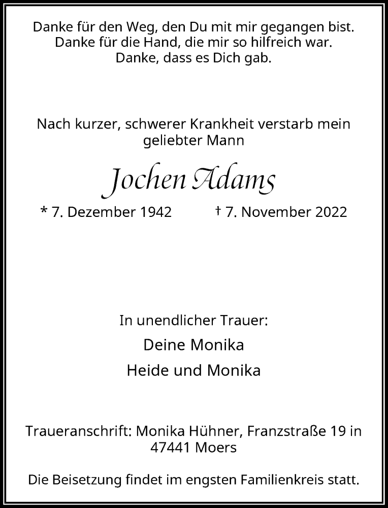  Traueranzeige für Jochen Adams vom 15.11.2022 aus Rheinische Post