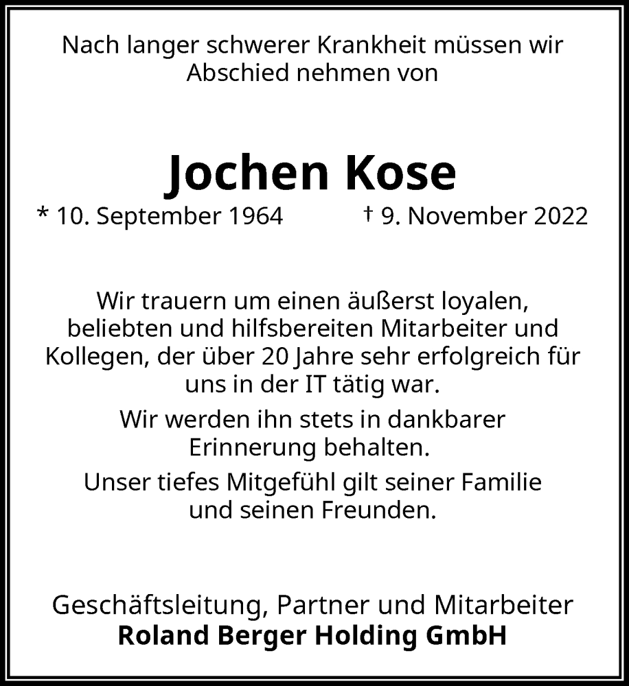  Traueranzeige für Jochen Kose vom 19.11.2022 aus Rheinische Post