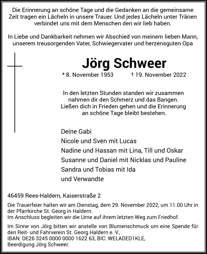  Traueranzeige für Jörg Schweer vom 24.11.2022 aus Rheinische Post
