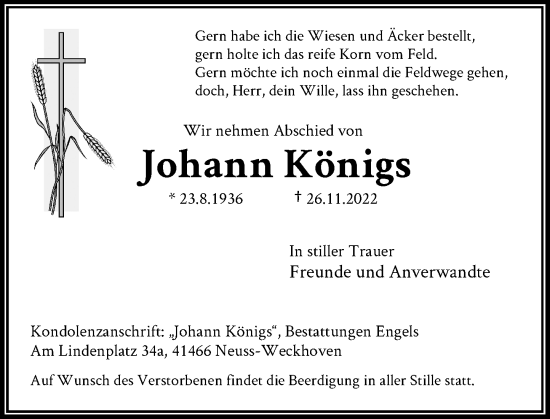 Traueranzeige von Johann Königs von Rheinische Post