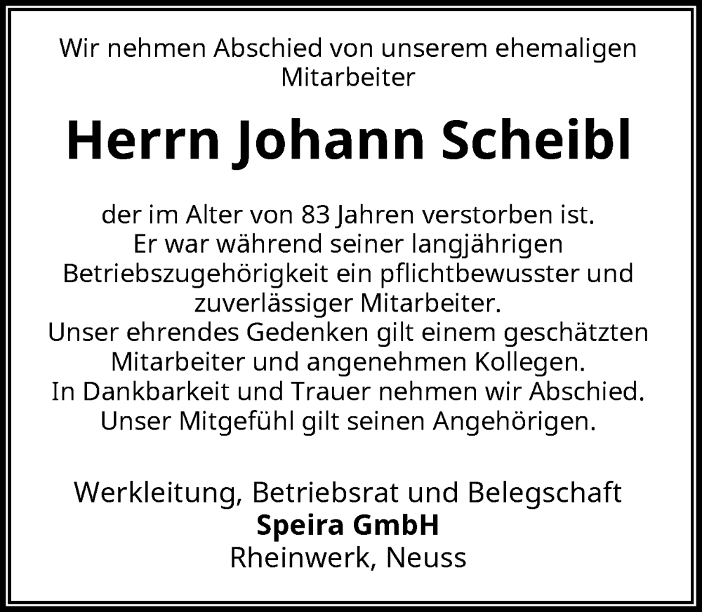  Traueranzeige für Johann Scheibl vom 23.11.2022 aus Rheinische Post