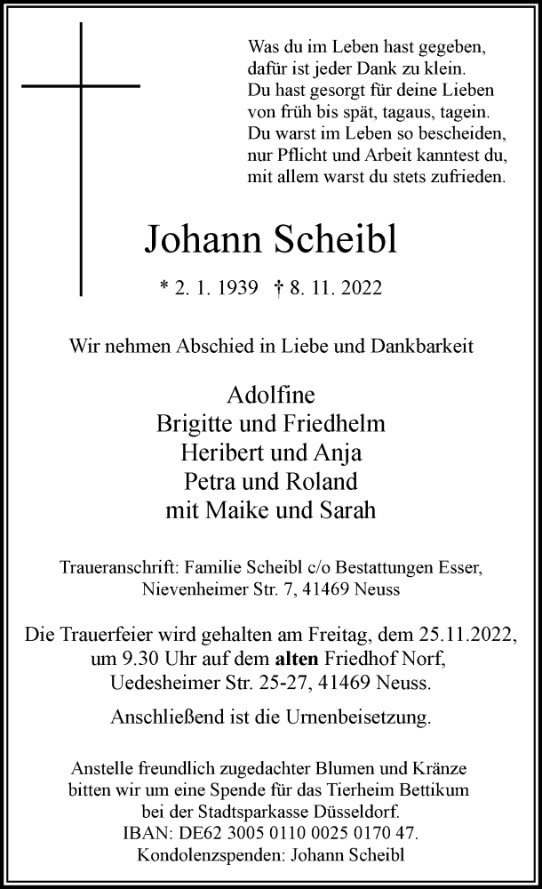  Traueranzeige für Johann Scheibl vom 19.11.2022 aus Rheinische Post