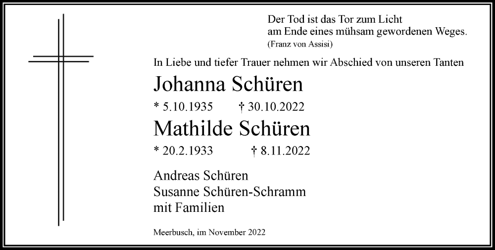  Traueranzeige für Johanna und Mathilde Schüren vom 12.11.2022 aus Rheinische Post