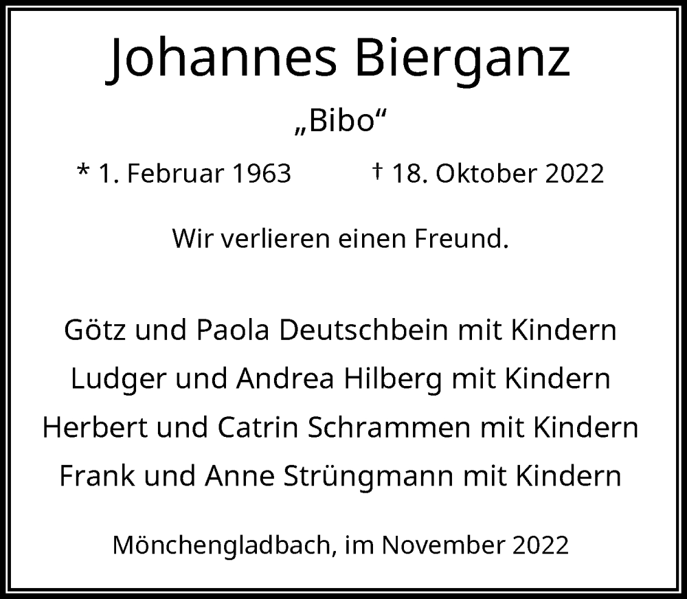  Traueranzeige für Johannes Bierganz vom 05.11.2022 aus Rheinische Post