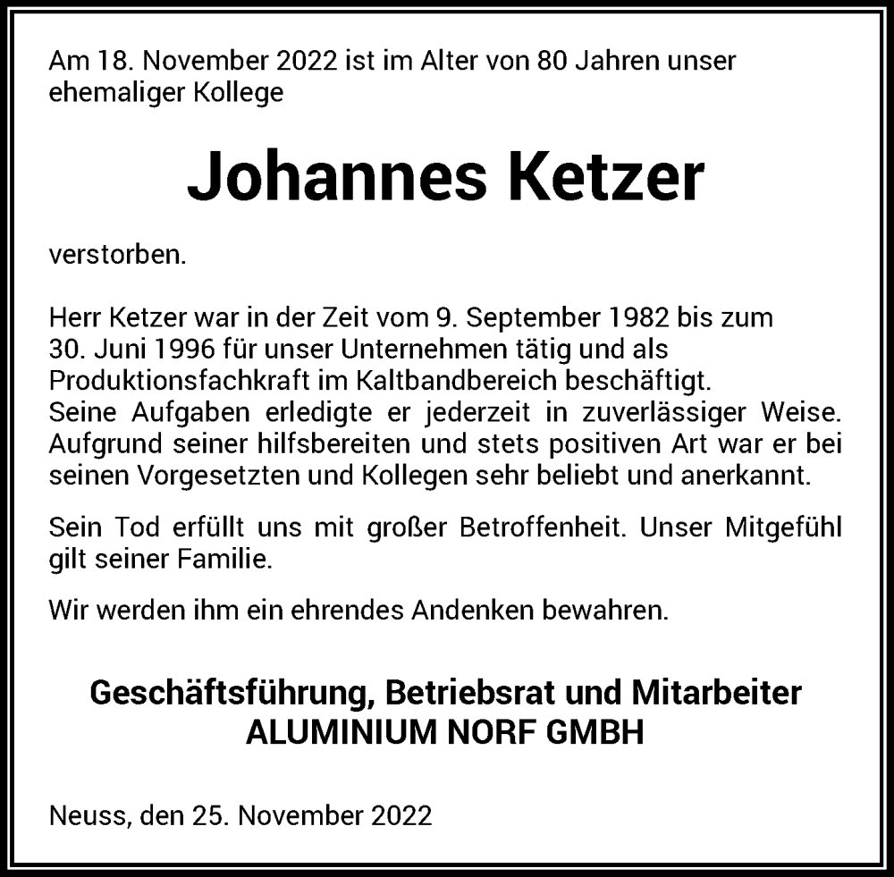  Traueranzeige für Johannes Ketzer vom 25.11.2022 aus Rheinische Post