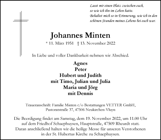 Traueranzeige von Johannes Minten von Rheinische Post